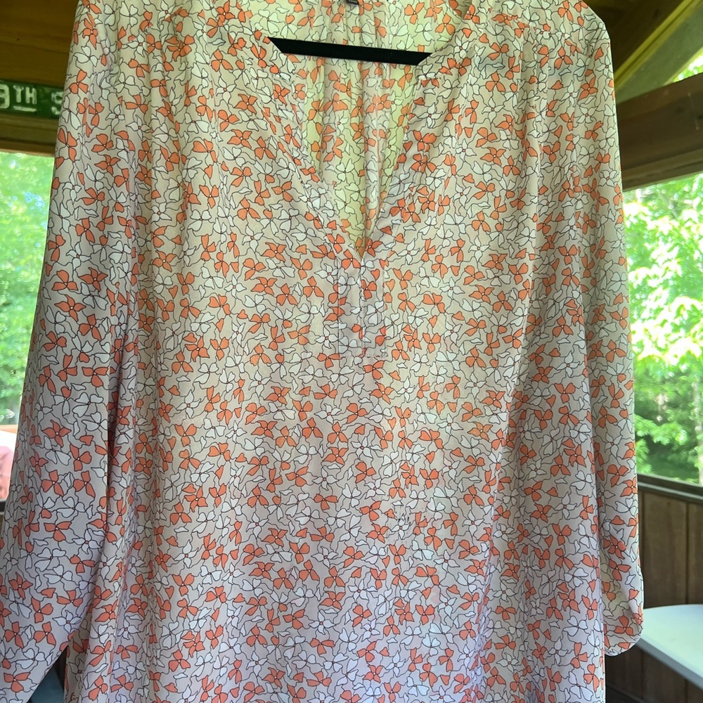 NYDJ White Blouse with Coral Floral Print